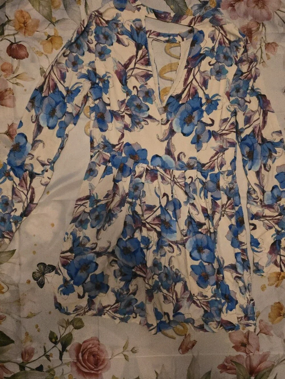 Free People Blue Floral Keyhole Long-Sleeve Mini Dress